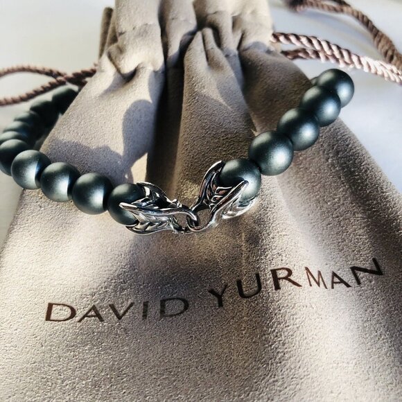 David Yurman Men's Spiritual Bead Bracelet Matte Hematite 8mm & Silver Wave 8.25 - Picture 2 of 7